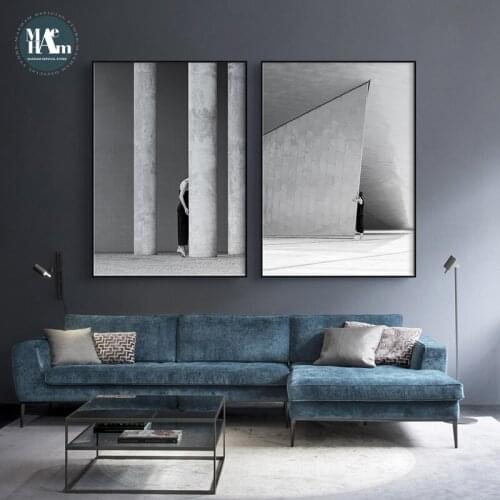 Nordic Black and white art figures building space Picture Wall Poster Modern Style Canvas Print Painting Art Living Room Decor