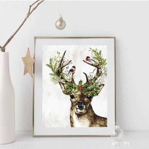 Woodland Animal Deer Picture Prints Winter Holly Berries Christmas Holiday Decoration Poster Wall Art Canvas Painting Home Decor