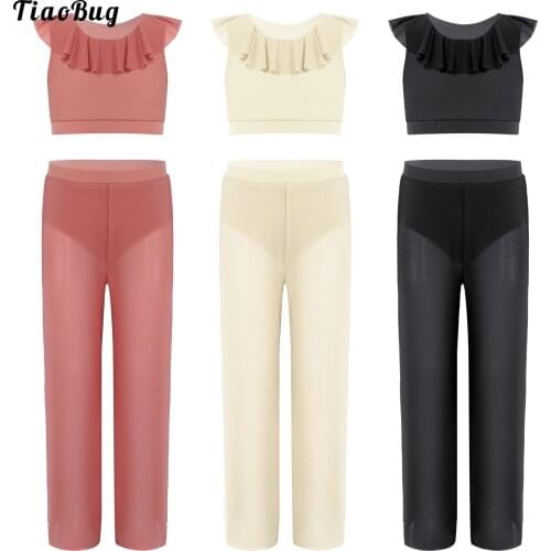 Summer Girls Dance Outfits O-Neckline Ruffle Shoulder Sleeveless Crop Top Elastic Waistband Mesh Long Pants With Underwear Sets