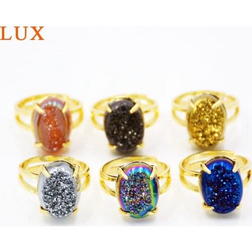 LUX Oval druzy gold color plated ring white druzy jewelry bridal wild ring rough gem stone ring custom prong setting rings
