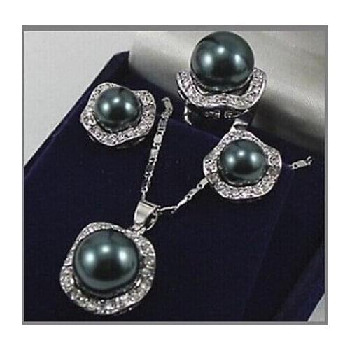 Fashion jewelry Silver Black Shell Pearl Pendant Earring Ring Set AAA style 100% Natural