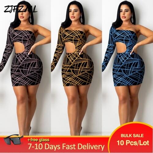 Bulk Items Wholesale Lots Womens Mini Dress Single Shoulder Full Sleeve Party Club Dresses Hipster Female Hollow Pencil Robe