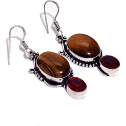 Tiger Eye + Garnet, Silver Overlay on Copper Earrings ,54 mm , E4591