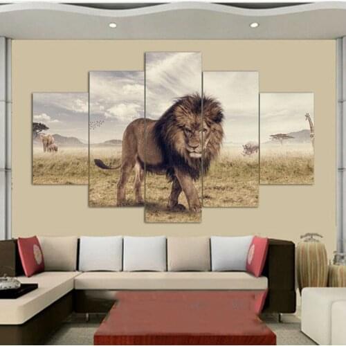 Modern Living Room Decoration Home 5 Pieces Animal Lion Landscape Poster Picture HD Print Canvas Wall Art Can Be Customized