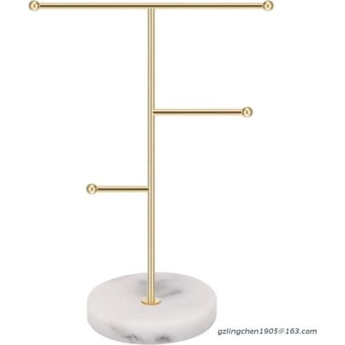 P8DE Nordic Jewelry Stand with Marble Base Necklace Display Holder Rack T-Bar Metal Hanging Pendant Earrings Organizer Tree