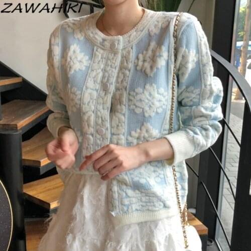 ZAWAHIKI Embroidery Flower Casual Sweater Autumn Long Sleeve O Neck Knitted Cardigan Sweet Button Up Elegant Tops for Women