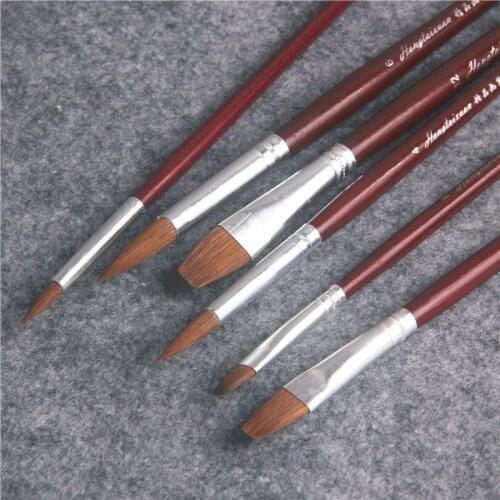 Weasel hair 3 pcs Flat head 3 pcs round head brush gouache watercolor painting pen red short rod wooden pen painting brush
