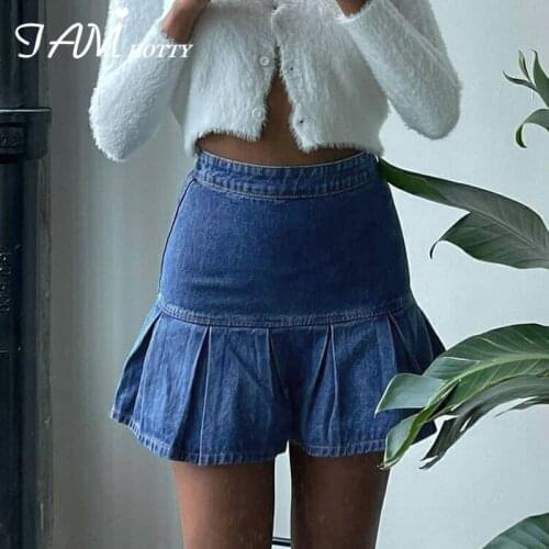 2021 Summer Mini Pleated Denim Skirt Women y2k Korean Fashion High Waist Skirts Kawaii A Line Outfit Cute Streetwear 90sIamhotty