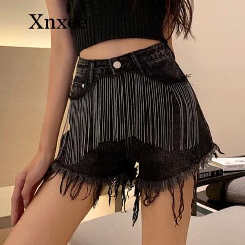 Gothic Diamond tassel denim shorts High Waist Jeans Cowboy Shorts Female Fasjion Hole Shorts women summer bottom sexy punk