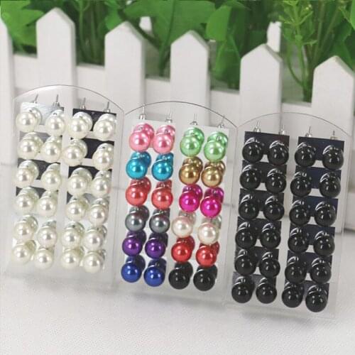 12 Pairs Stud Earrings Female Fashion Colorful Black White Round Ball Imitation Pearl Simple Style Ear Studs New Jewelry Gift