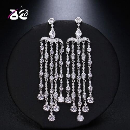 Be 8 Brand Classic Design Clear AAA CZ Dangle Earrings Long Drop Tassel Earrings For Women Wedding Dinner Dress JewelryE527