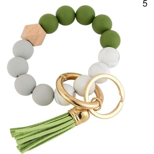 Womens Art Bracelet Keychain Wooden Beads Wristlet With Tassels Decor Silicone Beaded Art Bangle Chains For Keys Gift For Girl