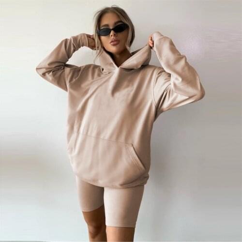 Female Solid Color Long Sleeve Hooded Pullover with Pocket and Shorts Casual Loose Clothes Tracksuits 2 Pieces Set S/M/L/XL
