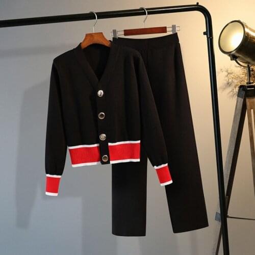 New Fall Women’s Korean Knitted Sweater 2 Pieces Set Elegant V-Neck Cardigan Tops + Long Pants OL Femme Tracksuit Trousers Suit