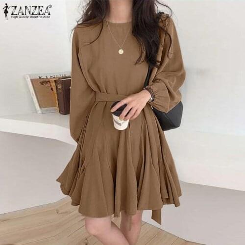 ZANZEA Women Puff Sleeve Hollow Female Mini Dress Casual O Neck Solid Color Robe Femme Streetwear Oversize Elegant Chic Sundress