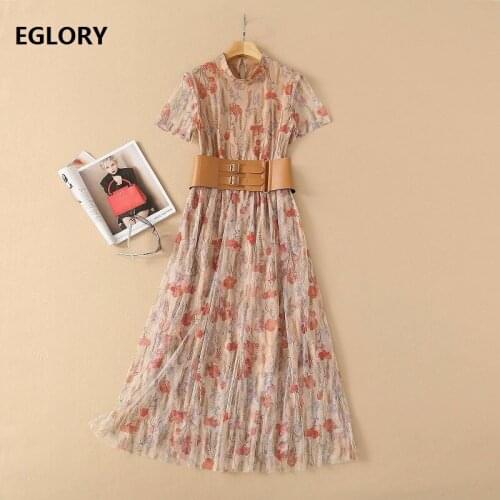 Top Quality New 2021 Spring Summer Dress Women Red Floral Print Wide Belt Deco Short Sleeve Mid-Calf Casual Vintage Dress Ladies