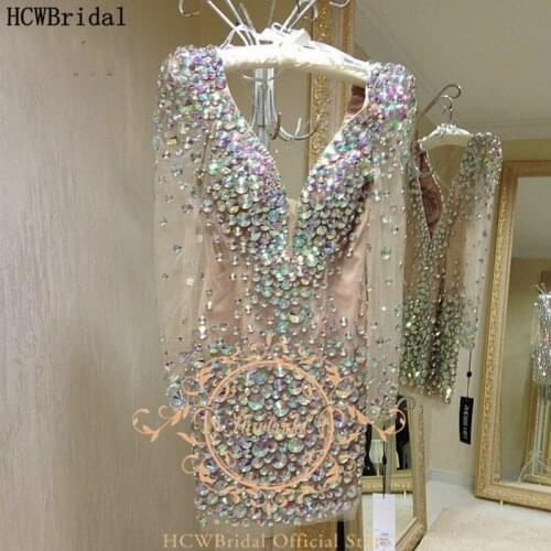 Luxury Colorful Crystals Short Prom Dresses Sheath Long Sleeves Sexy Special Occasion Dress Plus Size African Women Party Gowns