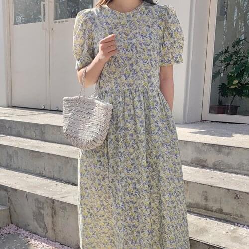 Short Sleeve Summer Dress Casual Dress Woman Korean Soft Floral Dresses with Bubble Sleeve Elegant Party Dress Robe Femme 15092