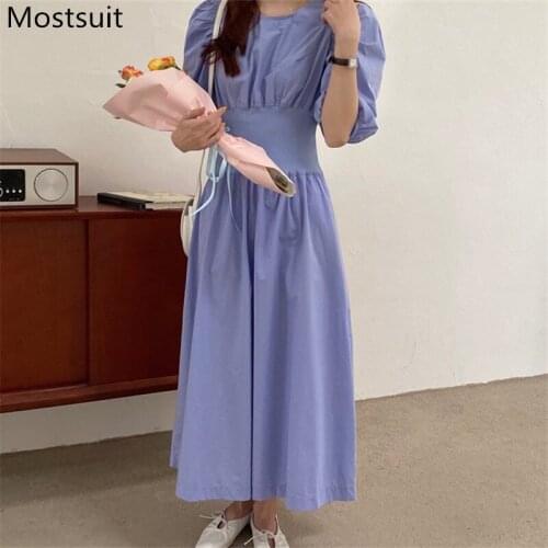 Korean Vintage Women Long Dress Summer Puff Sleeve O-neck Elastic Waist Fashion Ladies A-line Dresses Vestidos Femme 2021