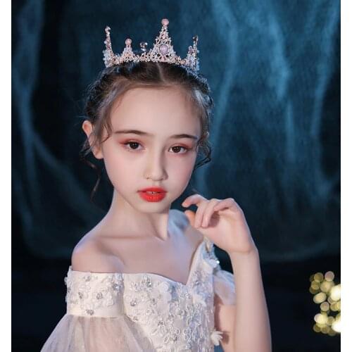 Baroque Vintage Pink Crystal Children Diadems Kids Crystal Crown Wedding Hair Accessories Baby Girls Tiara Hair Crown Jewellery
