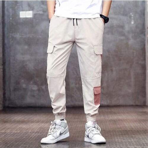 Men cargo pants 2020 new spring and autumn beige pockets cotton letter male ankle-length pants teenager boys sale hot n63