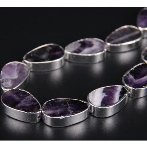 11pcs Natural Ame thyst Flat Teardrop beads Purple Crystal egg shape Slice Pendants,Silvers Edged purple quartz Pendants