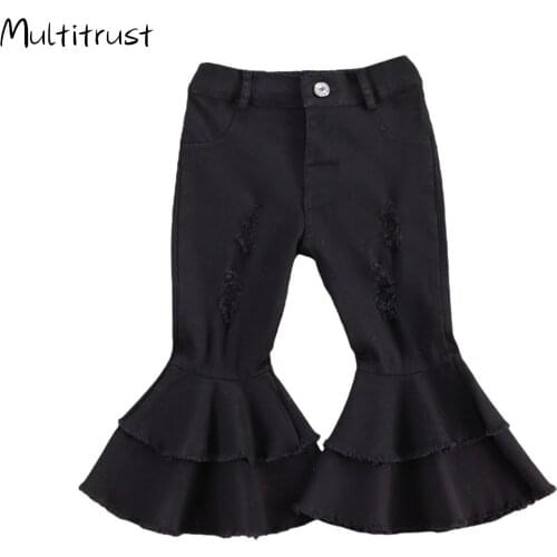 Children Girls Jeans Toddler Baby Kids Children Girls Clothes Bell Bottom Hole Ripped Ruffles Flare Denim Jeans Pants Trousers