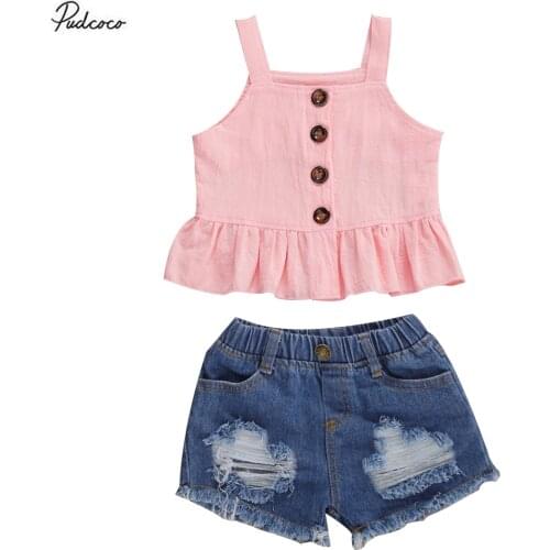 2 Pieces Kids Suit Set Solid Color Sleeveless Top and Ripped Jeans for 6M-4T Girls Pink