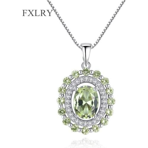 FXLRY Fine Jewelry Silver color Micro Inlay Zircon Light-Green Shiny With Hoop&Flower Shape Pendant Necklaces For Women