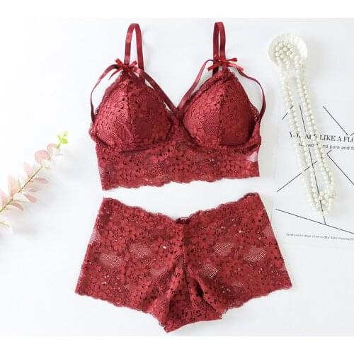 Sexy Lace Underwear Set Removable Chest Pad Bra Panties Bikini Women Lingerie Flexible Breathable Comfortable Corset Brief Sets