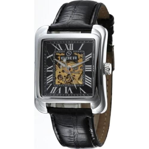 GOER Top Brand Luxury Square Automatic Mechanical Skeleton Watches PU Leather Fashion Casual Men Watches relogio masculino