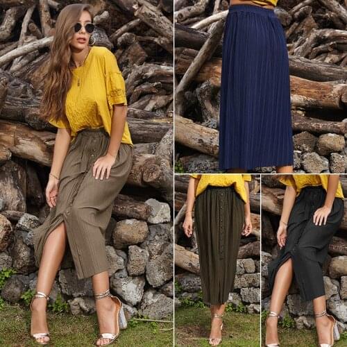 Irregular Pleated Long Skirts Women Plus Size Elegant High Waist Elegant Casual Button Streetwear Loose Midi Skirt Female