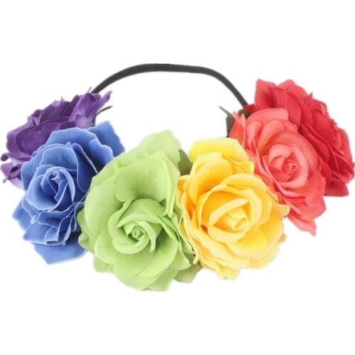 New Rainbow colors Headband Festival Garland Floral Wedding Headpiece Brides Holiday Hairband Rose Flower Wreath Gay Headdress
