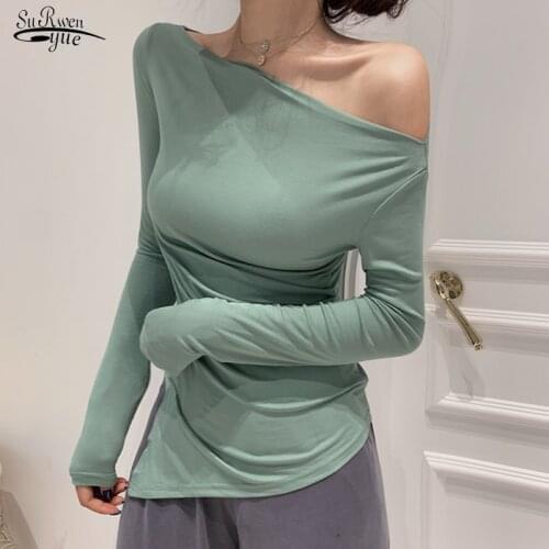 New Slash Neck Sexy Top Shirts Women Off Shoulder Long Sleeve T Shirt Women Korean Style White Tees Office Casual Tshirts 12987