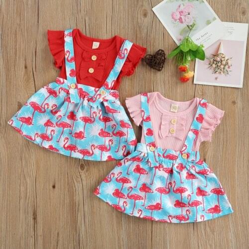 OPPERIAYA 2Pc Toddler Summer Outfit Solid Color Short Sleeves Bodysuit Flamingo Print Suspender Skirts for Baby Girls 0-24 Month
