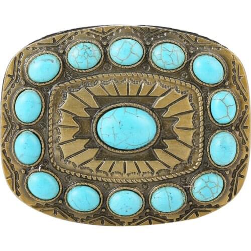 Retro Western Blue Turquoise Bead Belt Buckle Engraved Buckles for Women Men