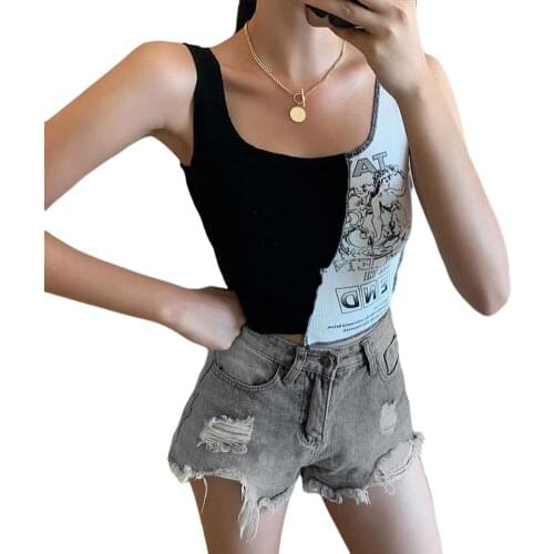 Tanks Tops 2021 Summer Fashion Color Block Sleeveless Rib Knit Crop Top Womens Sexy Letter Print Square Collar Camis