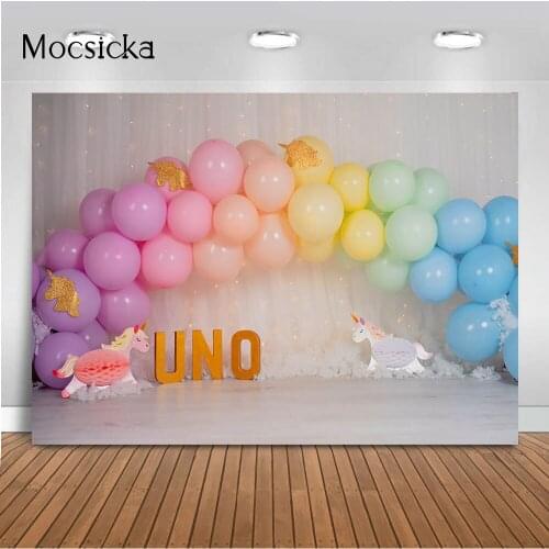 Uno First Birthday Backdrop Rainbow Colorful Balloons Newborn Kids Cake Smash Portrait Background for Photography Studio Vinyl