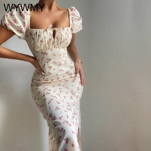 WYWMY Floral Print Dress Women Summer Clothes Vintage Square Collar Short Sleeve Midi Sundress Elegant Party Dresses Robes