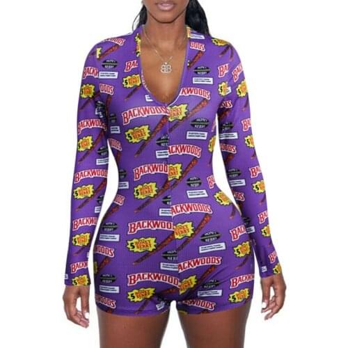 Women Fashion Playsuit Full Sleeve Print Rompers Female Elastic Skinny Bodysuits Short Jumpsuit Bodycon Romper Bodysuits