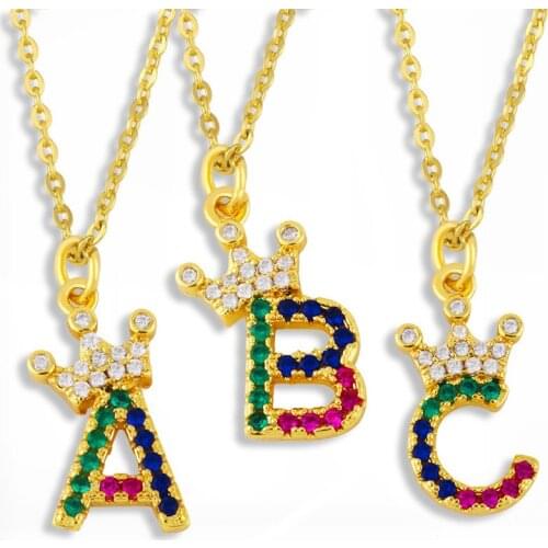 26 Ladies Alphabetic Crown Pendant Neckle Colored Zircon Alphabetic Jewelry Collarbone Chain Copper Microinlay Zircon Plating
