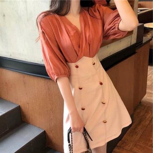 Bella Philosophy 2020 Women Mini Dress V-neck Patchwork Lantern Sleeve Empire A-line Dress Summer Female Slim Elegant Korean