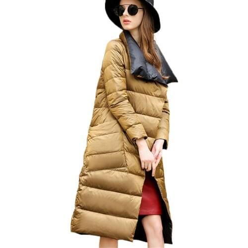 Winter Down Coat Women Two Side Glossy Long Over Knee Warm Cotton Jacket Lapel Slim Double Breasted White Duck Down Outwear