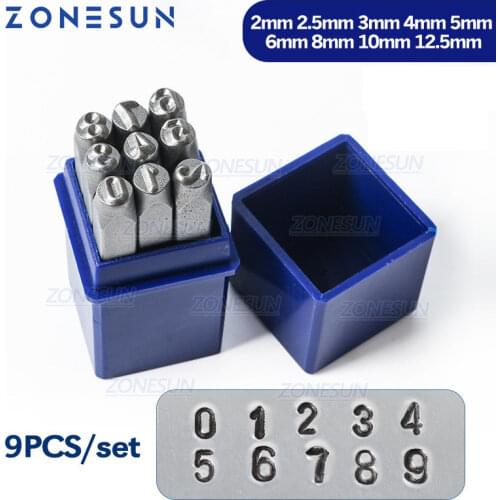 ZONESUN 9PCS Carbon Steel Antique Pewter Number " 0-9 " Rectangle Punch Metal Stamping Tools 65mm(2 4/8") x 11mm, 1 Set