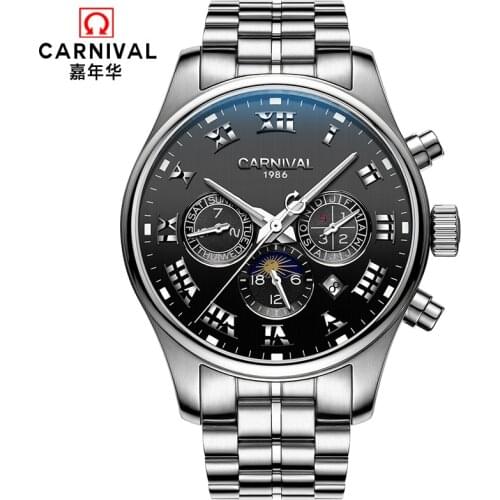 High-end business Mechanical watch Top brand CARNIVAL Automatic Watch Men Moon phase Calendar week month Luminous Skeleton watch