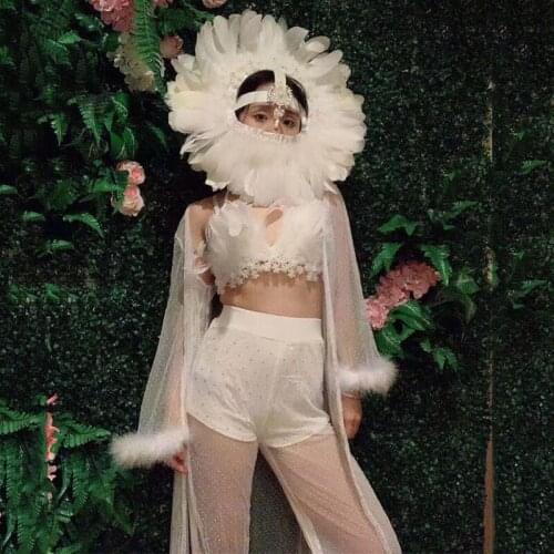 White Feather Headdress Bikini Birthday Outfits For Women Singer Nightclub Rave Clothes Festival Outfit Gogo Stage Wear DT1990