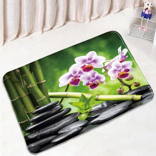 Zen Stone Flower Bath Mat Green Bamboo Plant Non-Slip Kitchen Foot Pad Living Room Carpet Water Absorption Flannel Bathroom Mats