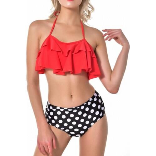 Girl covered split swimsuit lotus leaf hanging neck high waist printed bikini swimming wading plus size sexy beachwear