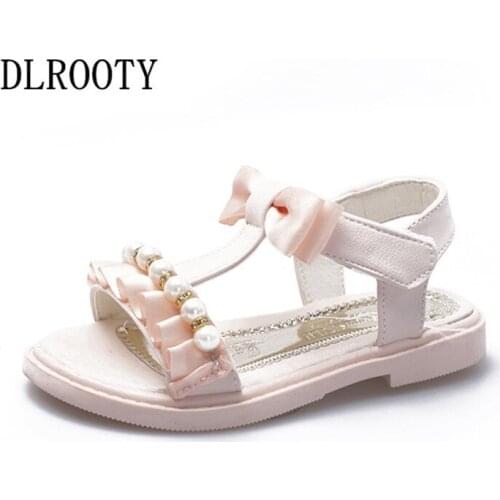 Summer Children Sandals Shoes Girls Bow-knot Pearl Princess Kids Party Fashion Beach Hook & Loop Flat Toddler Baby Breathable