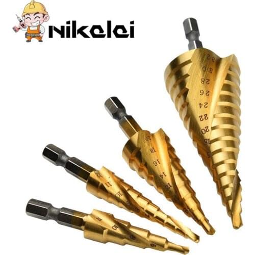 4Pcs Set HSS Titanium3-12 4-12/4-20/4-32mm Spiral Grooved Hex shank Metal Step Drill Bit Hole Cutter Cone Core Drilling Hole Saw